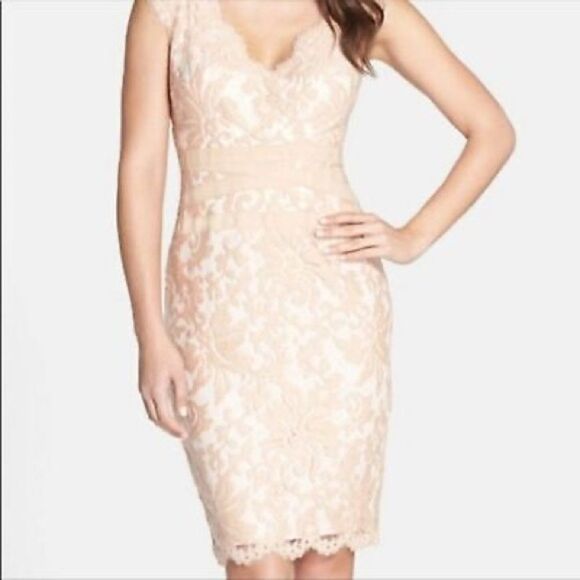 TADASHI Shoji Primrose Embroidered Lace Sheath Cocktail Dress Ivory Nude Size 4 - Picture 1 of 10